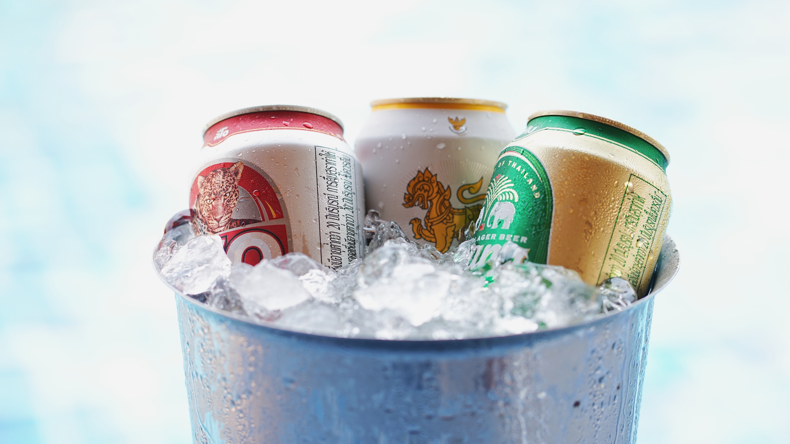 four cans of beer in a bucket of ice